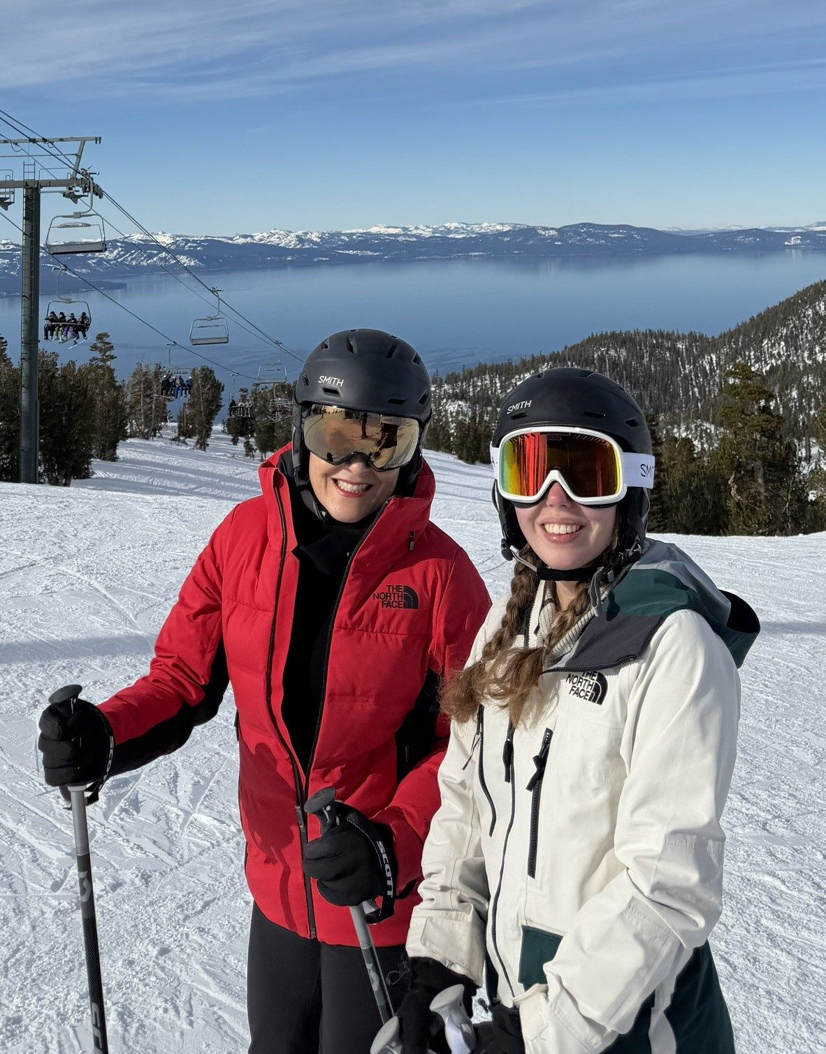 Dyna Boen skiing above Lake Tahoe with friends